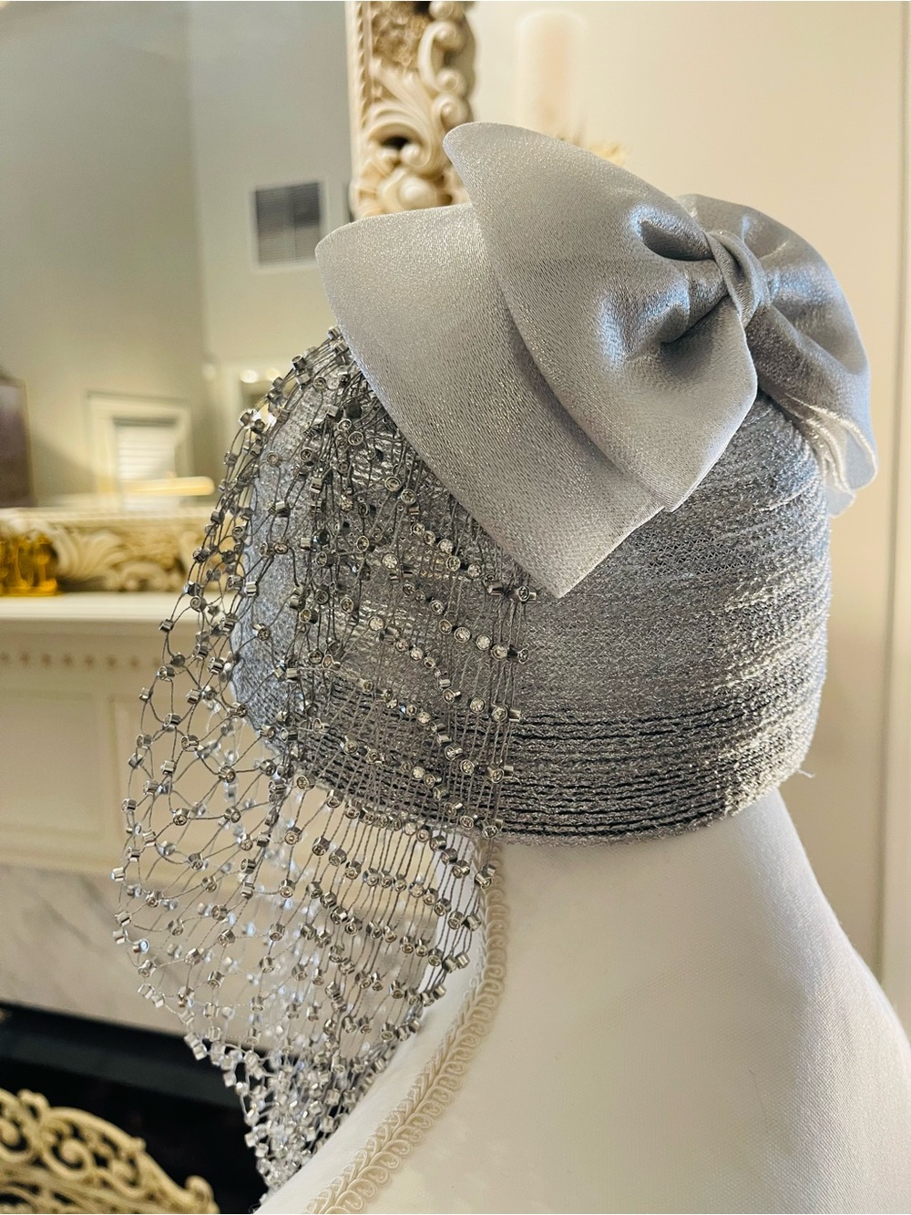 Silver Beaded Veil Fascinator Hat - Picture 5 of 13